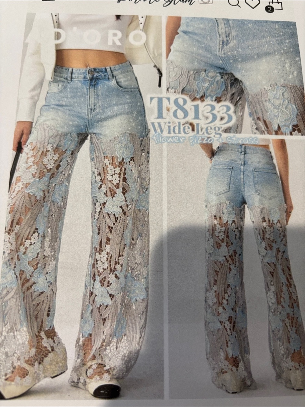Light Blue Lace-Overlay Wide Leg Jeans